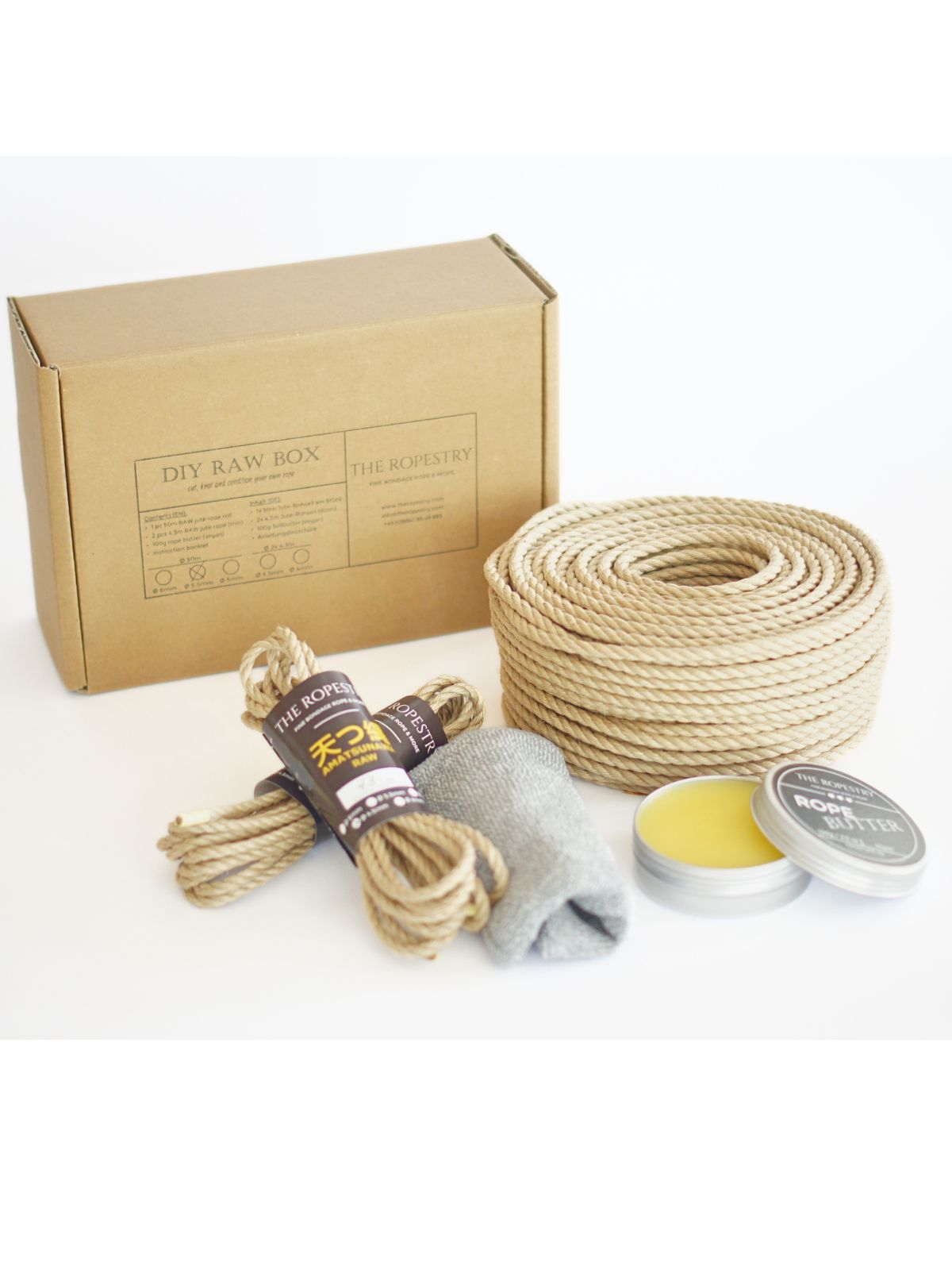 DIY RAW BOX - 50 m raw rope, 2x 4.3 m thin ropes, rope butter, storage box, instruction booklet and FREE microfibre cloth DIY RAW BOX - 50 m raw rope, 2x 4.3 m thin ropes, rope butter, storage box, instruction booklet and FREE microfibre cloth