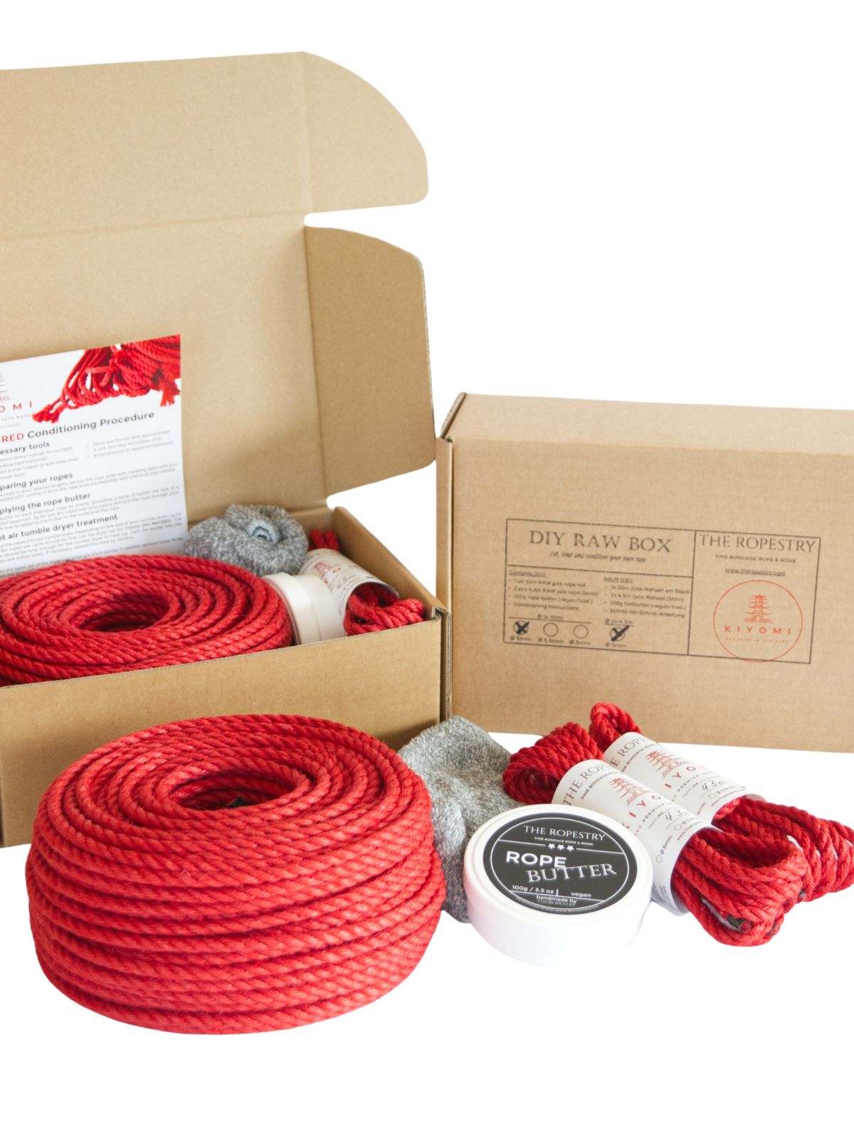 KIYOMI RED DIY RAW BOX - 50m raw red jute rope, 2x 4.3m ø5mm ropes, rope butter, storage box, instructions and FREE microfibre cloth