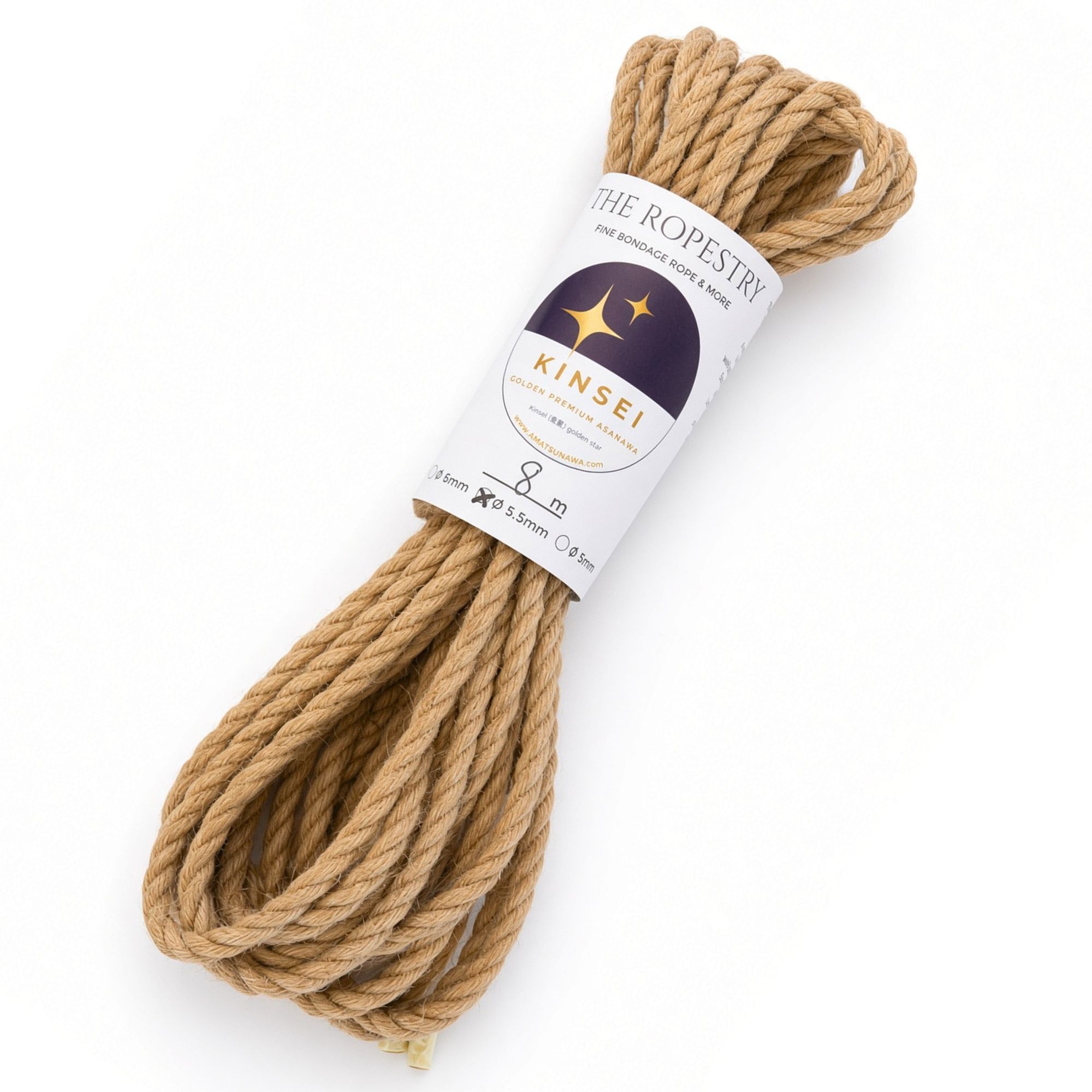 1x 8m, ø 5.5mm KINSEI golden premium jute rope, Z-twist medium-lay jute rope for Shibari & Kinbaku applications, untreated, JBO-free | TheRopestry