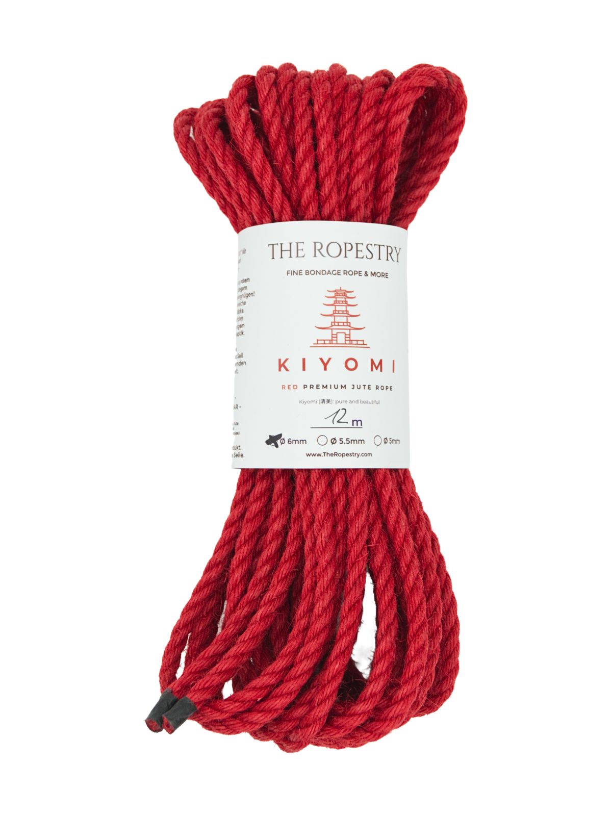 ø 6mm KIYOMI RED strong single-ply Z-twist medium-lay jute rope for Shibari & Kinbaku applications, untreated, JBO-free
