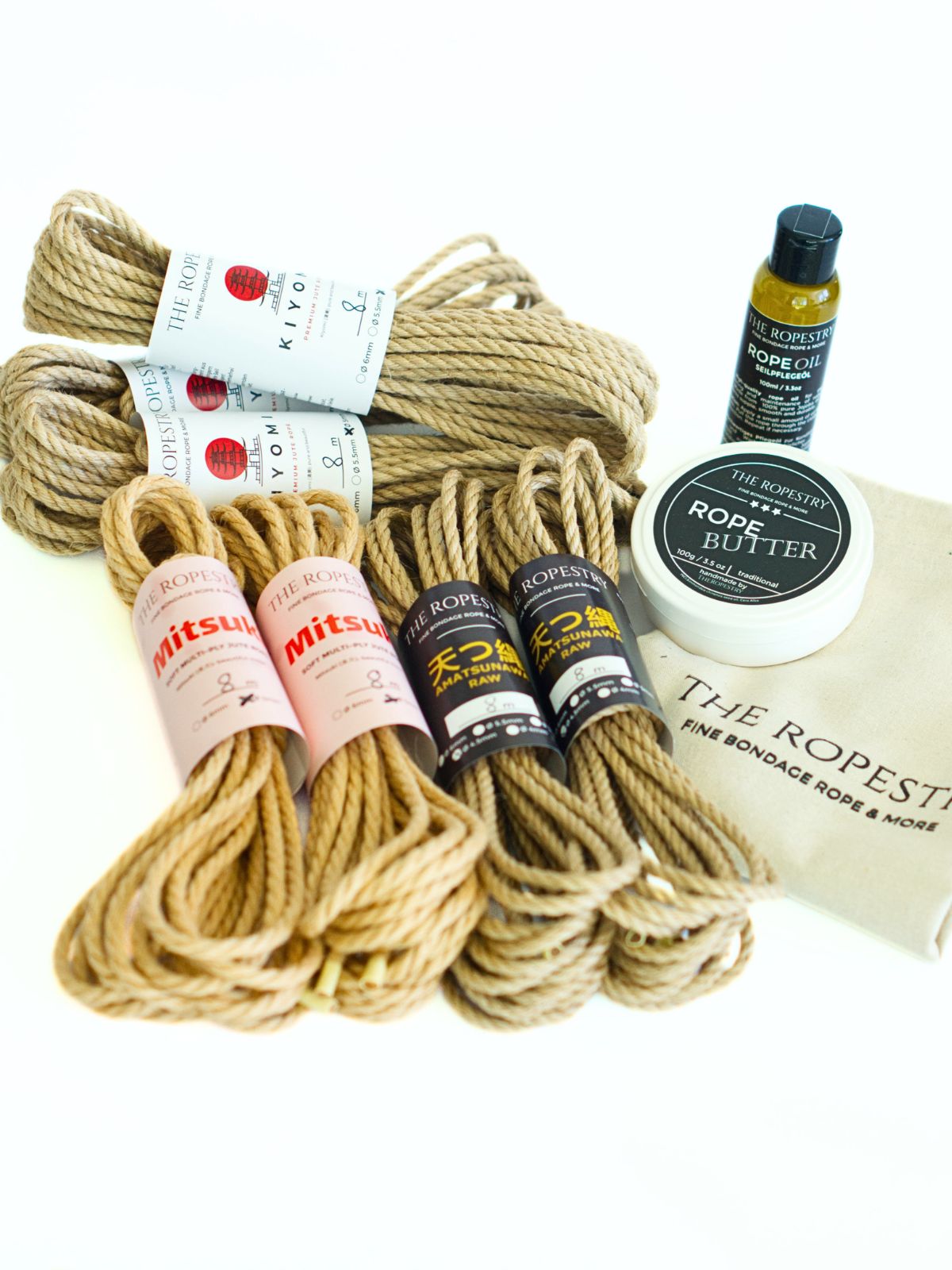 Shibari Set "Fine Line Mastery" | 3x 8m KIYOMI 5/0 Ropes + 2x 8m Mitsuki 5/0 Ropes + 2x 8m AMATSUNAWA RAW 4/5 Ropes, Traditional Rope Butter, Rope Oil and Storage Bag
