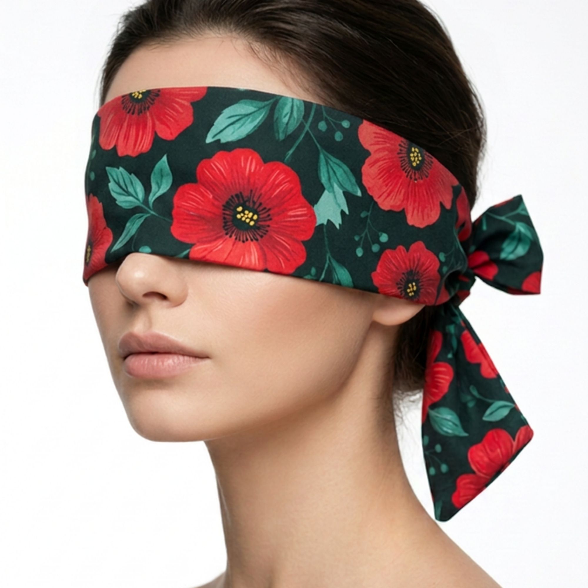 Blindfold "Poppy Flowers" pure cotton satin with allover print – 3-Ply Sleep Mask & Bondage Restraint – Multi-use Tie, Shibari Accessoire