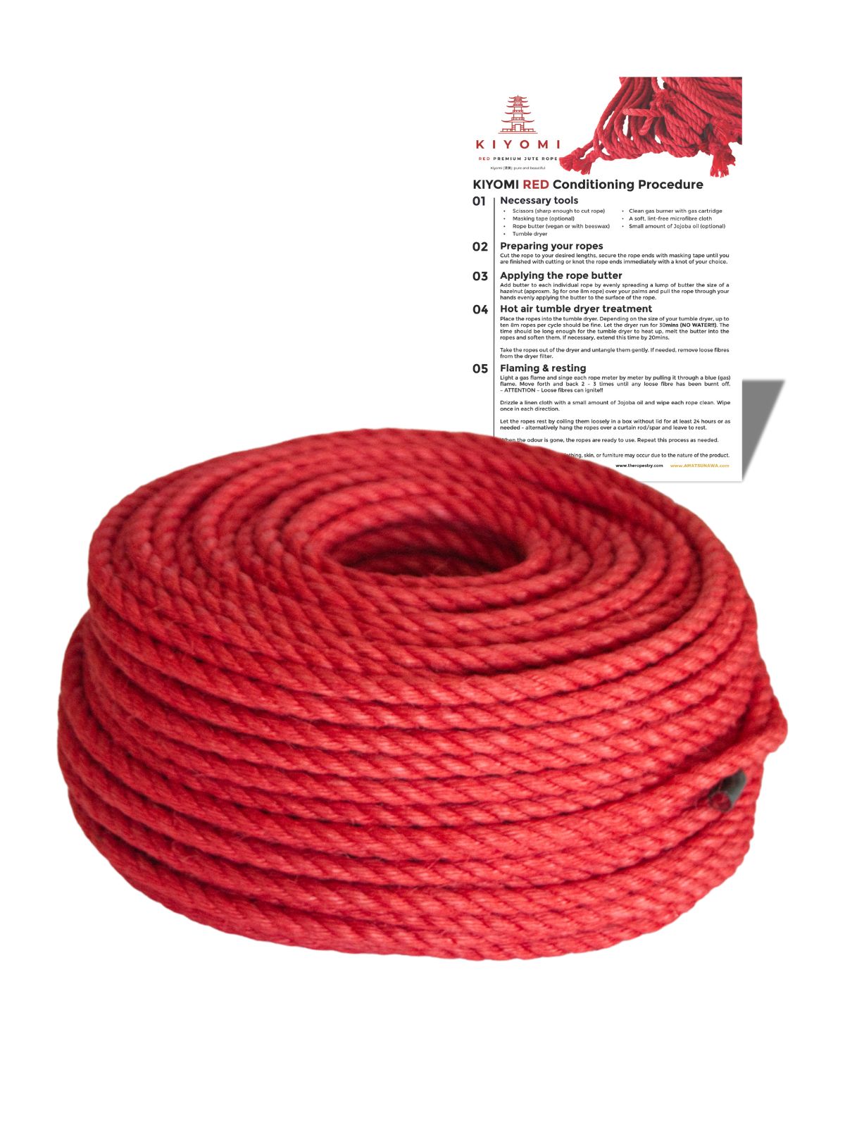 KIYOMI RED DIY RAW BOX - 50m raw red jute rope, 2x 4.3m ø5mm ropes, rope butter, storage box, instructions and FREE microfibre cloth
