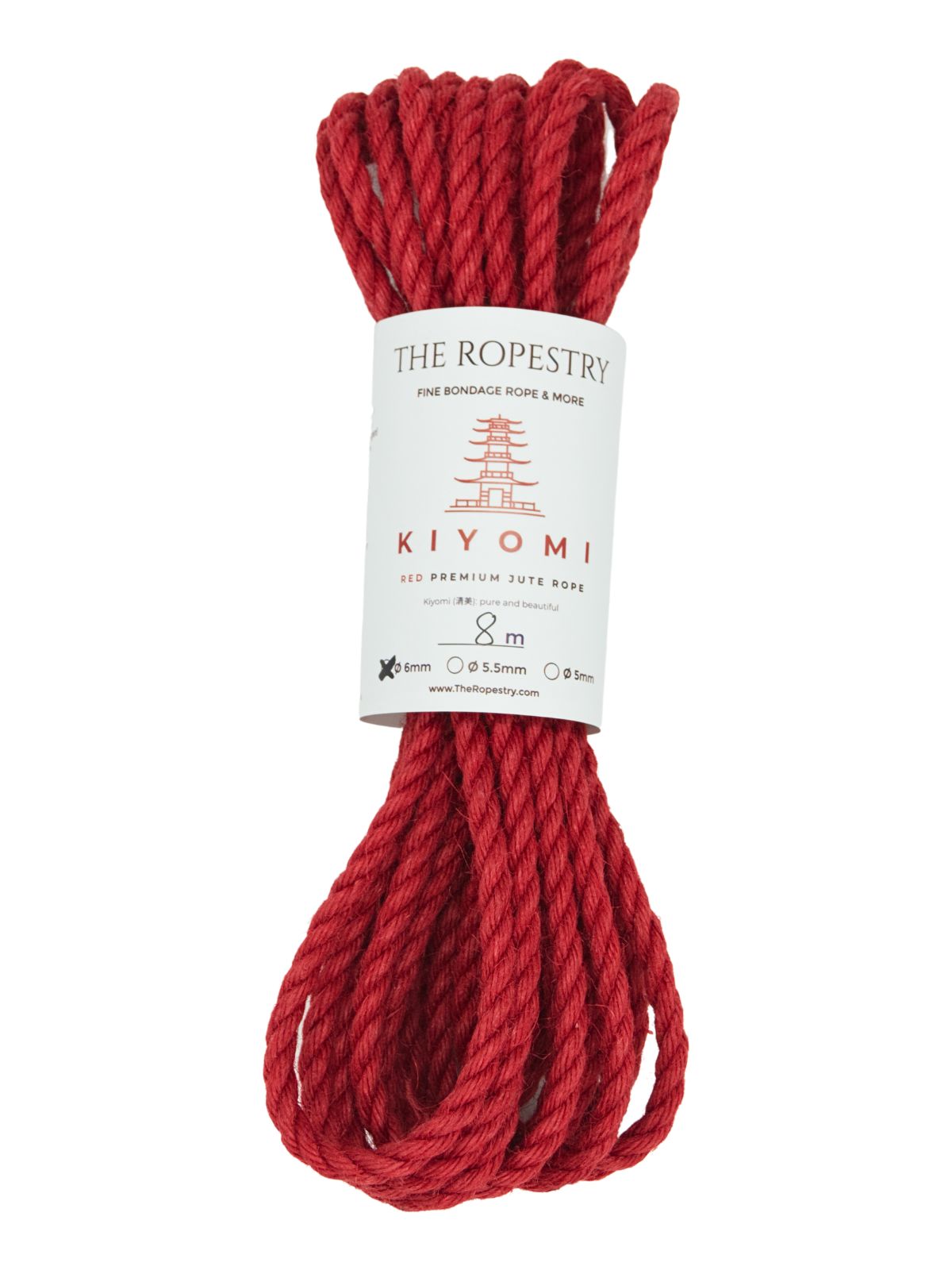 ø 6mm KIYOMI RED strong single-ply Z-twist medium-lay jute rope for Shibari & Kinbaku applications, untreated, JBO-free