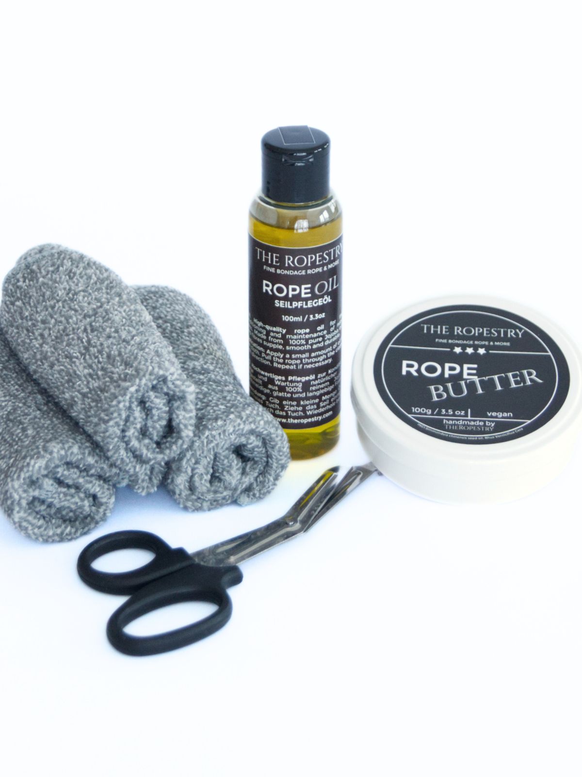 Premium Rope Conditioning Set for Jute Ropes – Rope Oil, Rope Butter, Mircofibre Cloths and Safety Scissors - Vegan or Traditionial