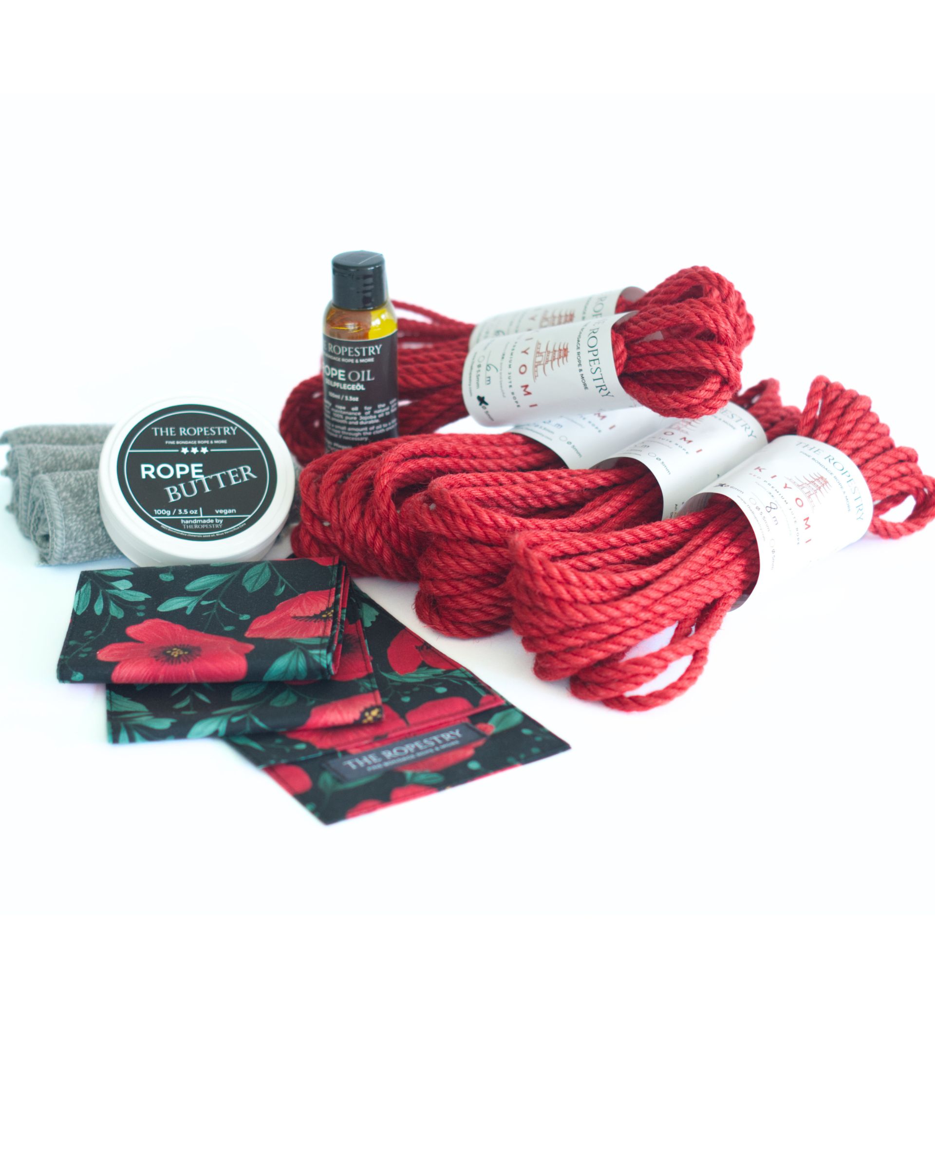 Shibari Set "RED DELIGHT" | 3x 8m KIYOMI RED 6/0 Ropes + 2x 6m KIYOIMI RED 5/0 Ropes + VEGAN Rope Butter, Rope Oil, 3x Care Cloth and Cotton Blindfold "Poppyflower"