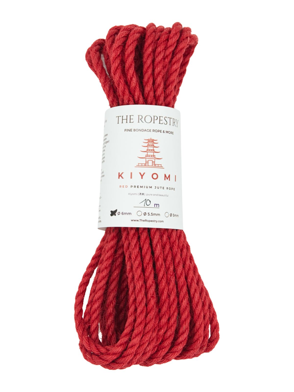 ø 6mm KIYOMI RED strong single-ply Z-twist medium-lay jute rope for Shibari & Kinbaku applications, untreated, JBO-free